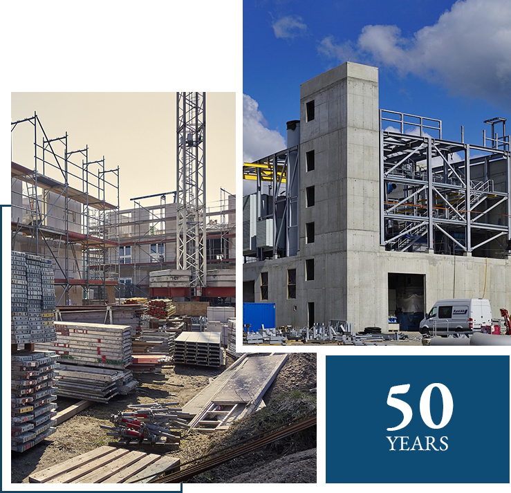 A collage of construction images with the words " 5 0 years ".