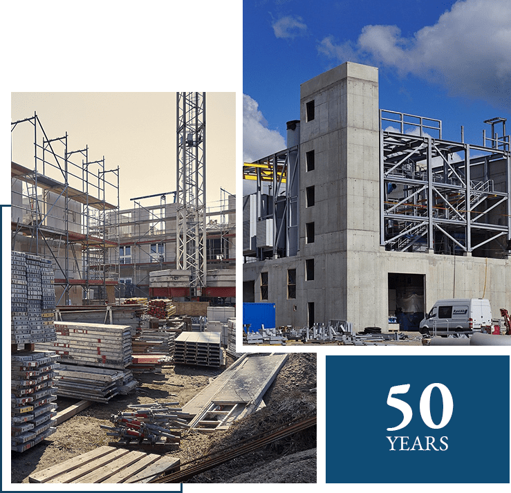 A collage of construction images with the words " 5 0 years ".